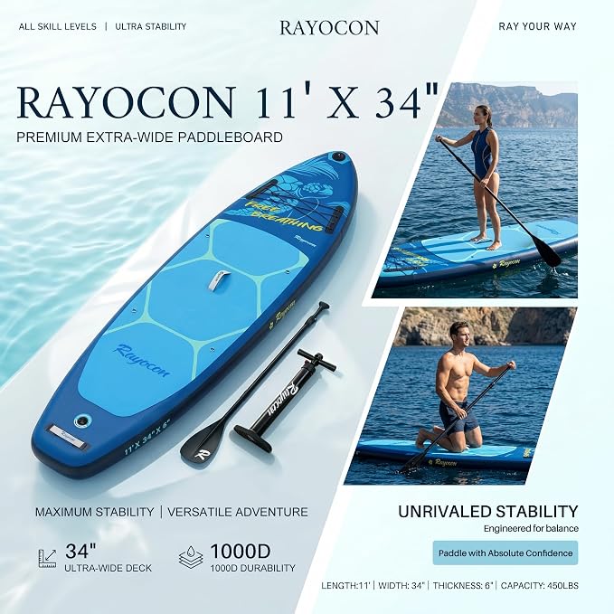 Inflatable Stand Up Paddle Board 11'×34" Extra Wide SUP, Ultra-Stable for Adults & Dog, 450lbs, Dual Chamber Pump, Fiberglass Paddle, Military Grade Dual Layer