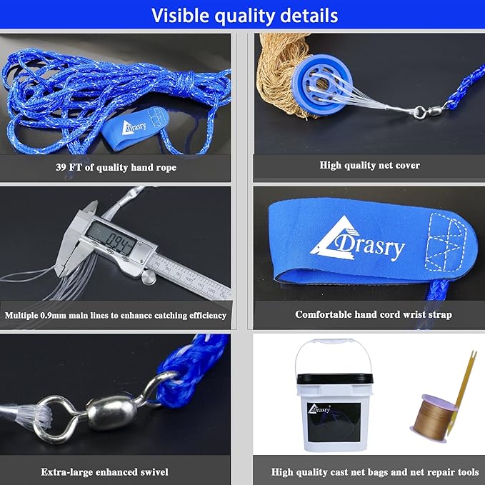 Drasry Saltwater Fishing Cast Net for Bait 3/8 1/4 or 1/2 with Heavy Sinkers Fish Trap Throw Net. Size 3ft/4ft/5ft/6ft/7ft/8ft/9ft/10ft Radius Freshwater Nets