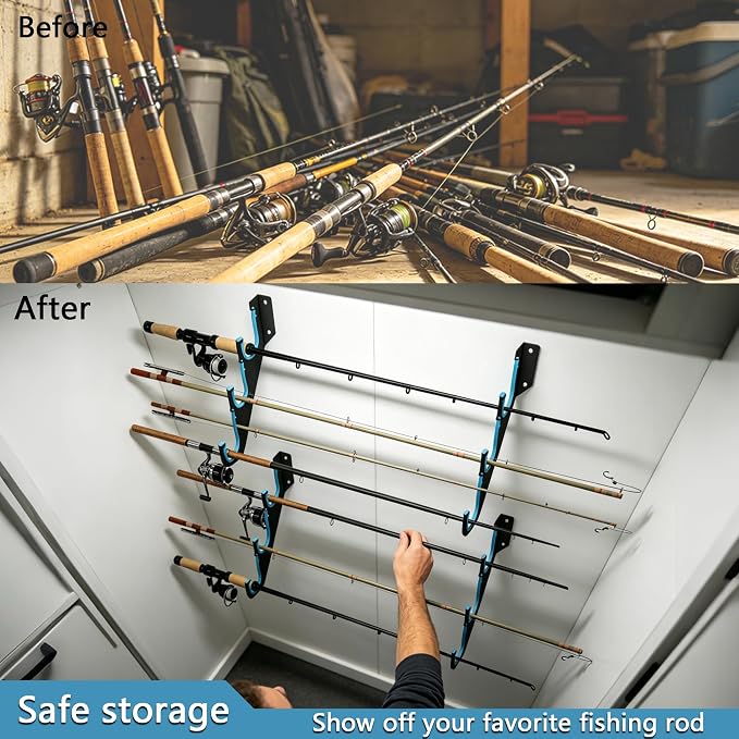 Fishing Rod Holders & Pole Holders for Garage, Wall Mounted Metal Fishing Rod Storage Organizer Rack Holds Up to 6/10/12/20 Rods or Combos, Suitable for Catfish Fishing Gear