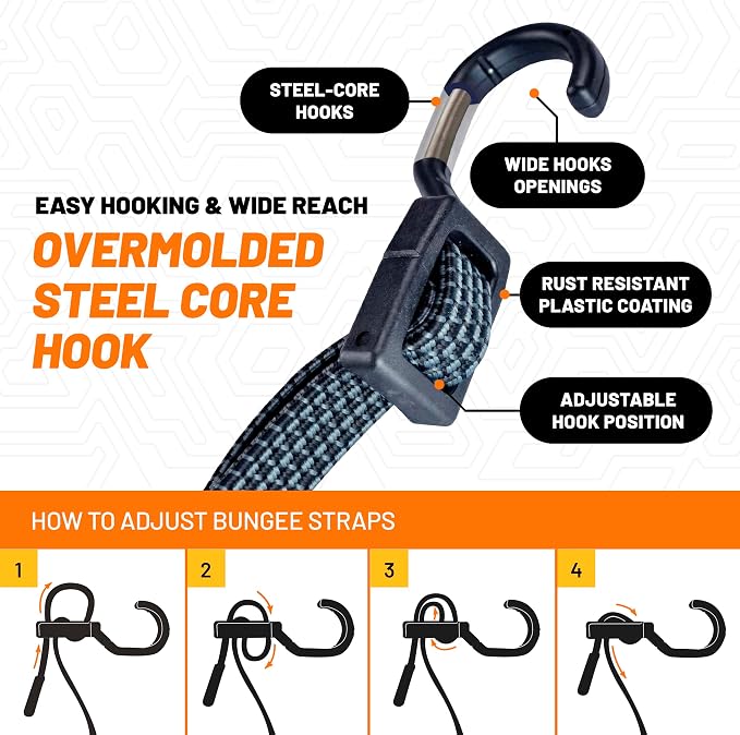 Tack Strap – 4-Way Flat Bungee Cord with Rubber Pad Grip, Non-Slip Tie Down Straps for Motorcycle, ATV, Kayak, Cycling, Camping, Truck Storage, Adjustable Bungee Cords - 2 Pack (Orange)