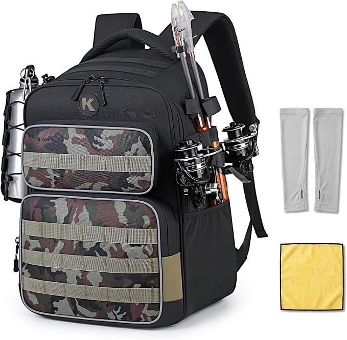 35L Tactical Fishing Backpack, Waterproof Tackle Backpack with 2 Rod Holders and 50+UV Protection Arm Sleeves,2LB Lightweight Fishing Bag, Daypack for Hiking, Hunting, Camping