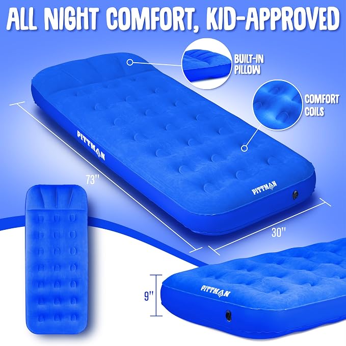 Pittman - Kids Air Mattress - Deluxe Kids Inflatable Bed with Electric Pump & Durable Backpack - Perfect Teen to Toddler Blow up Mattress for Sleepovers, Camping or Childs Travel Bed