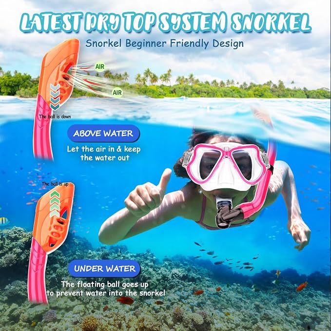 Snorkeling Gear for Kids, 4 in 1 Child Mask Fins Snorkel Set with Panoramic View Anti Fog Mask, Dry Top Snorkel, Trek Fins and Travel Bag, Kids Snorkeling Set with Fins for Snorkeling Swimming