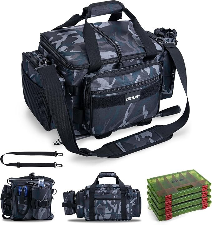 Goture Fishing Tackle Bag with 4PCS 3700 Tackle Boxes | 600D Water-Resistant, Rod Straps, Detachable Bottle Pouch, SBS Zippers, Freshwater & Saltwater Gear Storage Fishing Bag
