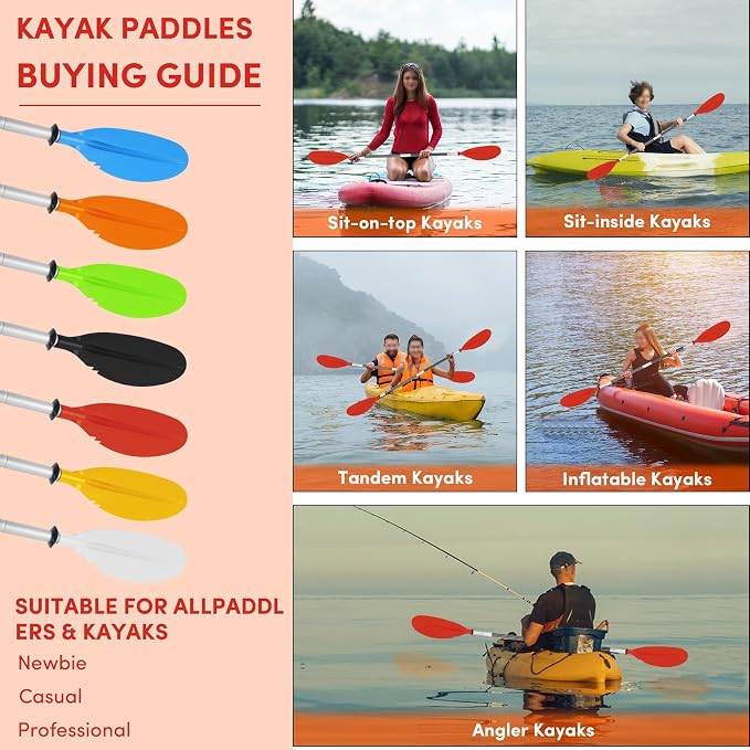Kayak Paddle,88in 4 Pieces Boat Oars Kayak Paddles,Heavy Duty Aluminum Alloy Shaft Float Lightweight Detachable Adjustable Fishing Kayak Paddle for Adults with Paddle Leash(8 Color ，1Pack,2Pack)