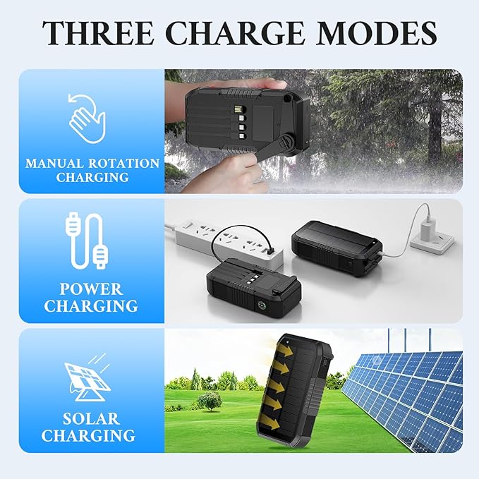 Solar Power Bank 66800mAh Built in Hand Crank and 4 Cables 22.5W Fast Charge, Camping Essentials with SOS/Strobe/Strong Flashlights, Compass Portable Charger (Black)