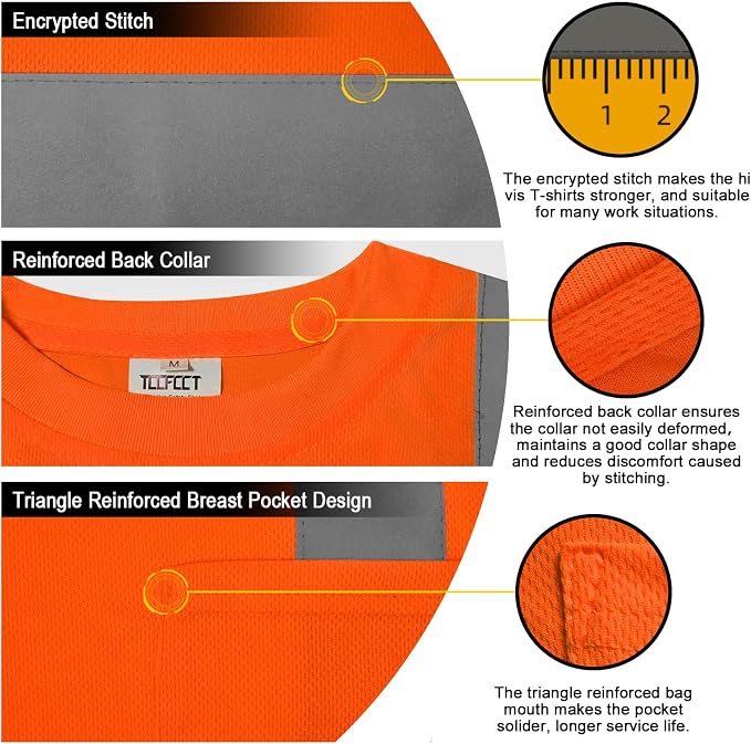 TCCFCCT Hi Vis Shirts for Men Class 2 High Visibility Shirt with Pocket, Short Sleeve Construction Work Shirts with Reflective Strips, Durable Reflective Shirts, Breathable, DC-Orange XXL 3PCS