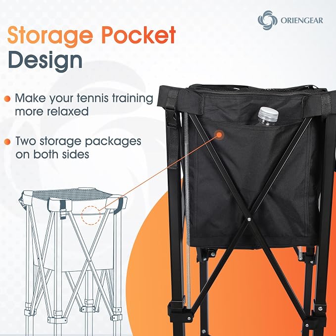 ORIENGEAR Wheeled Pop-up Tennis Ball Hopper, 150-Ball Capacity Basket with Side Pockets & Carrying Bag, Lightweight Sports Teaching Cart for Tennis, Pickleball, Baseball and Softball