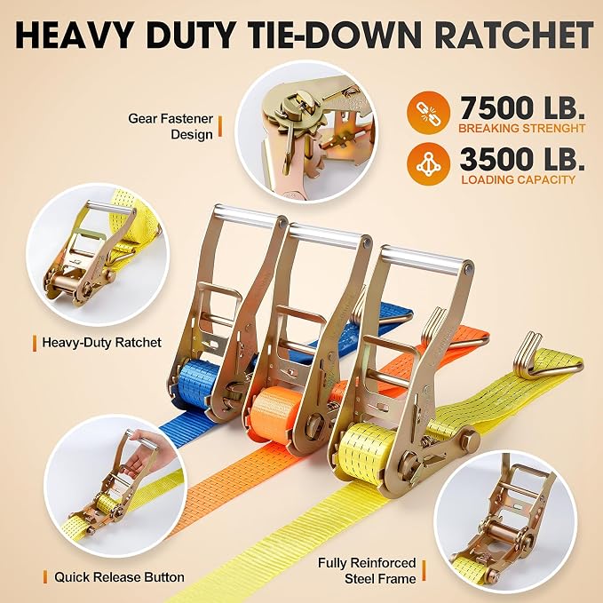 4Pack Ratchet Straps Heavy Duty-2 Inch x 20 Feet(7,500lb Break Strength), Tie-Down Ratcheting with J-Hook Cargo Straps Tiedown Ratchet for Moving and Transports with Trailers, Pickup, Flatbed Trucks