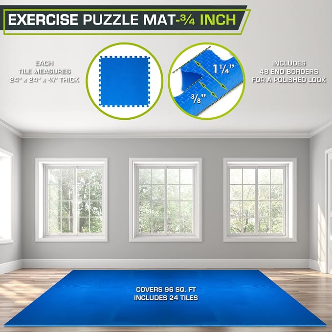 ProsourceFit Weaved Pattern Extra Thick Exercise Puzzle Mat ¾-inch, EVA Foam Interlocking Tiles for Protective, Cushioned Flooring for Home and Gym Equipment; Blue, 96 SQ FT, 24 Tiles