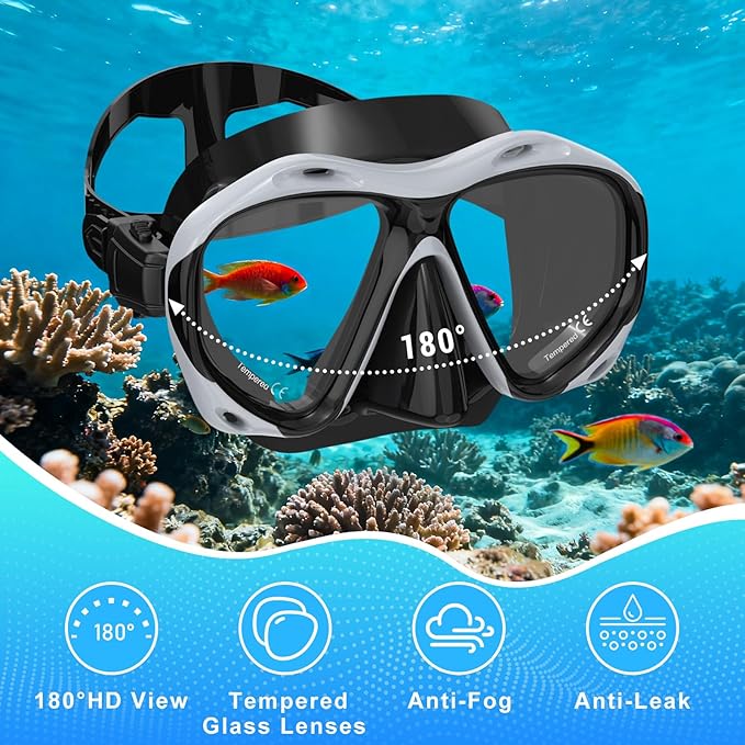 Snorkeling Gear for Adults, Mask Fin Snorkel Set, Dry Top Snorkel Mask, Panoramic View Anti-Leak Anti-Fog 3 in 1 Snorkeling Kit Travel Diving Package with Storage Bag