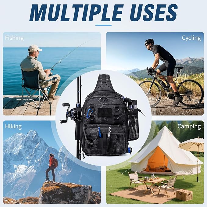 Fishing Bag, Convertible Fishing Tackle Sling Bag with Rod & Beverage Holder, Anti-theft Crossbody Shoulder Bag, Fish Gifts for Men Women, Black Camo