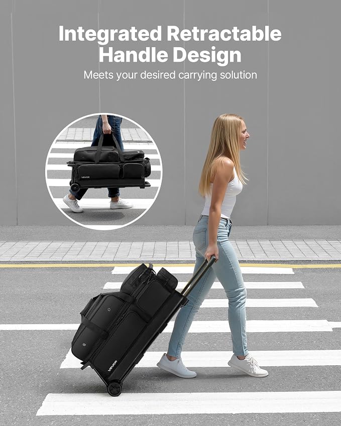 VEVOR Bowling Ball Bag, 3 Ball Double Roller Bowling Bag with Wheels, Featuring a Separate Compartment for Shoes (Up To US Size 16) & Oversized Accessory Pocket, Retractable Handle Extends to 41.34 in