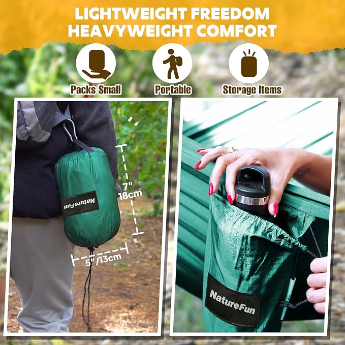 NATUREFUN Ultra-Light Travel Camping Hammock | 300kg Load Capacity,Breathable,Quick-Drying | 2 x Premium Carabiners,2 x Nylon Slings Included | Outdoor Indoor Garden