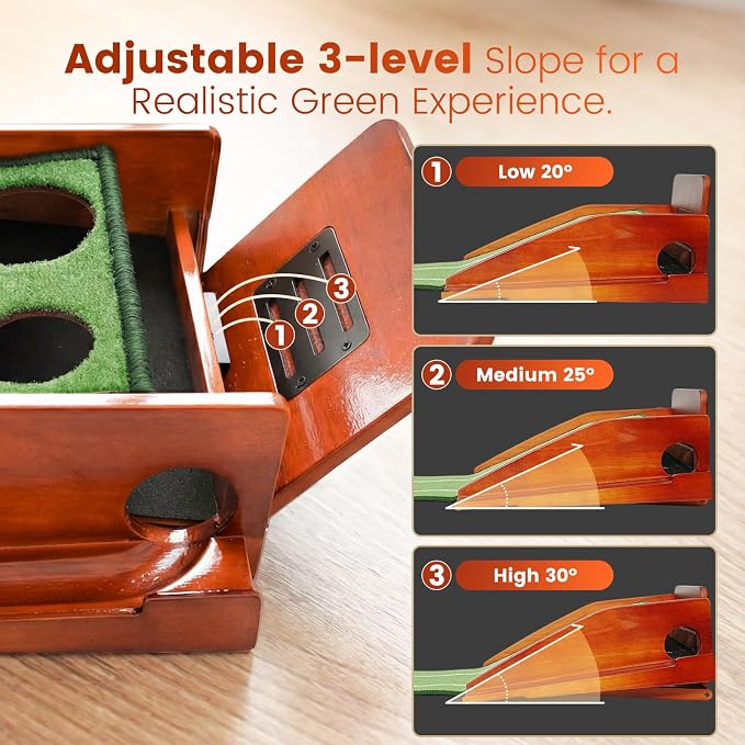 Golf Putting Green Indoor - Practice Uphill Putts, 3-Level Adjustable Incline, Auto Ball Return and Foldable Solid Wood Base, Golf Training Aid for Home, Office, Backyard - Golf Putting Mat