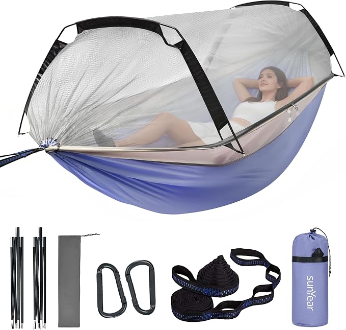 Sunyear Camping Hammock Tent - Portable Hammocks with Mosquito Net (Single/Double, 500lbs Capacity) - Spacious & Anti-Rollover Design with 2 Tree Straps for Hiking, Backpacking, Indoor/Outdoor Use