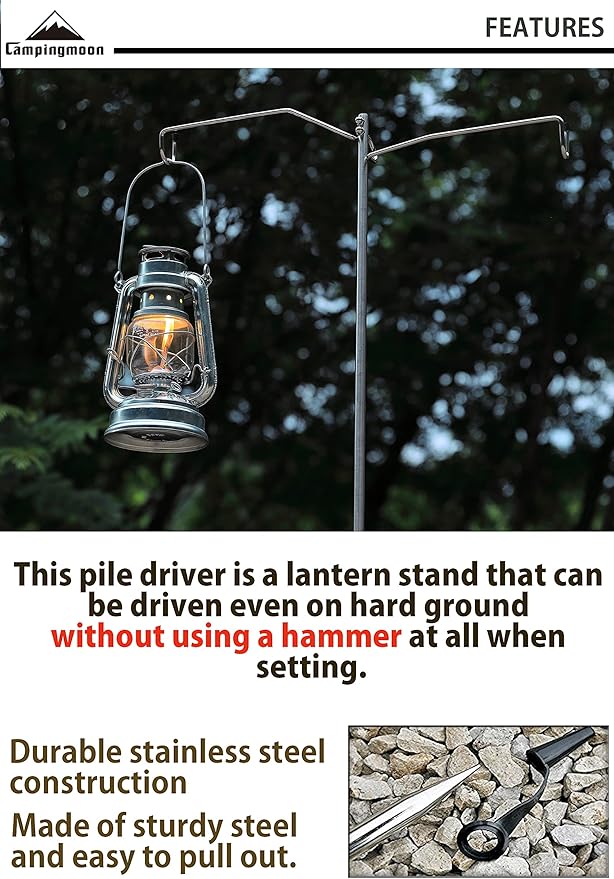 camping moon Heavy Duty Stainless Steel Lantern Pile Driver Height Adjustable with Tripod Stand and Storage Bag D-240, D-243