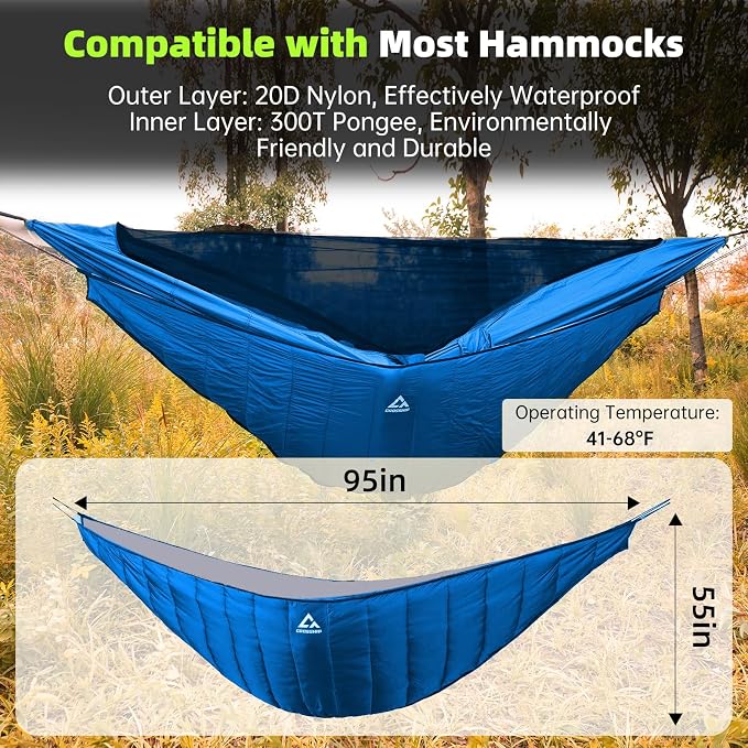 Hammock Underquilt for Camping - Full Length Blue Lightweight Warm Quilt for 3-4 Seasons (41-68°F) - Soft & Durable for Hiking, Backpacking, Beach, Travel - Holds Up to 500lbs