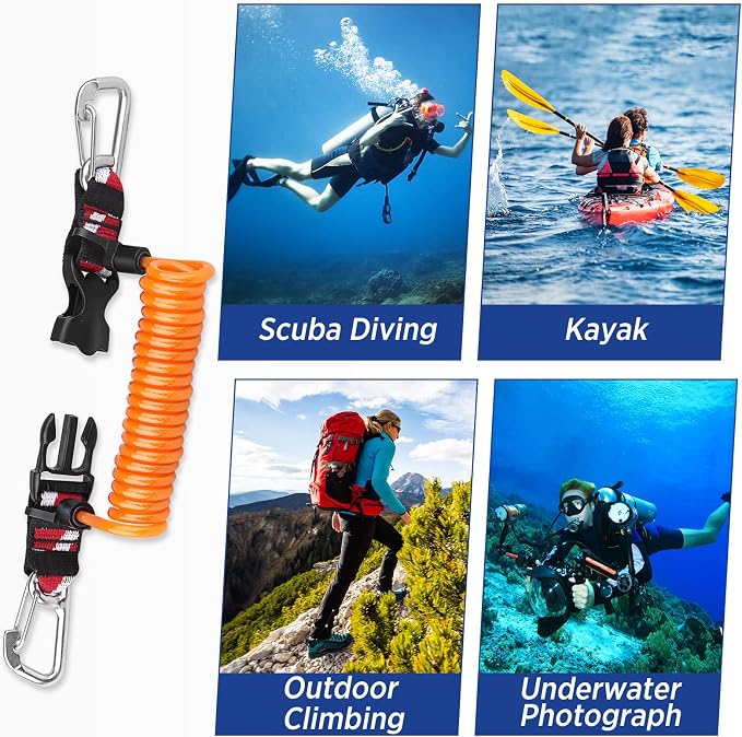 Scuba Retractable Lanyard, Stainless Steel Double-Clips and Spiral Core Anti-Lost Lanyard with Quick-Release Buckle