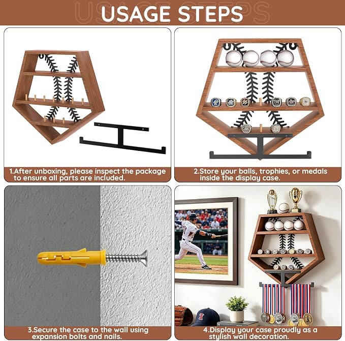 Baseball Ring Holder, Baseball Display Shelf, Soild Wood, Wall Mount Baseball Ring Holder for Balls, Trophy, Medals, and Memorabilia, Walnut Color