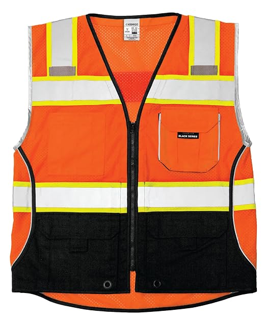 Kishigo Men's High Visibility Reflective Premium Black Series Black Bottom Vest 1516, Zipper Closure, Polyester, ANSI 107 Type R/Class 2, Construction, Utility, Waste Management (Orange, 2X)