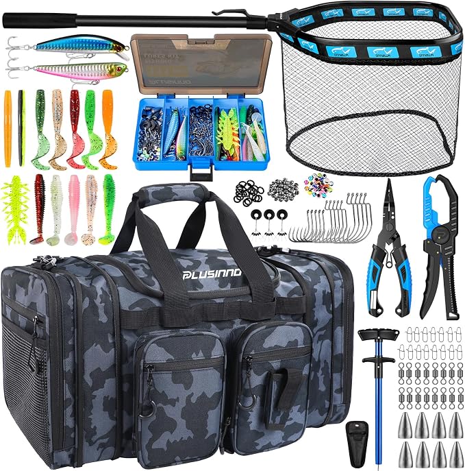 PLUSINNO Tackle Bag - Expandable Fishing Bag with fishing net for Saltwater & Freshwater - Water Resistant Fishing Gear Shoulder Bag For Men