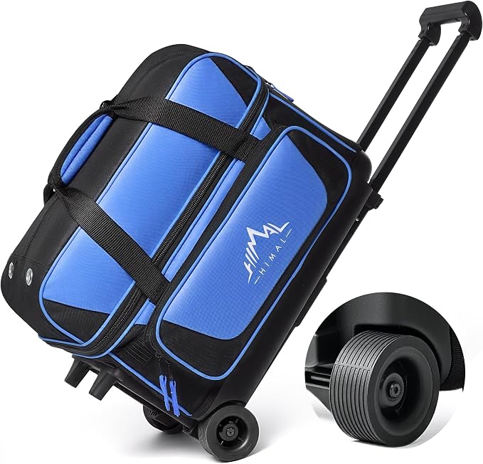 GoHimal Double Roller 2 Ball Bowling Bag with Separate Shoe Compartment for Bowling Shoes (Up To US Mens Size 15) and Oversized Accessory Pocket, Retractable Handle - Extends to 40"