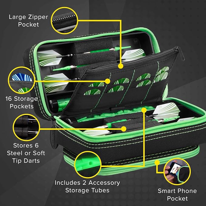 Casemaster Plazma Pro, 6 Dart Case for Soft and Steel Tip Darts, Features Large Front Mobile Device Pocket, Built-In Storage Tubes and Pockets for Flights, Tips, Shafts, and Personal Items