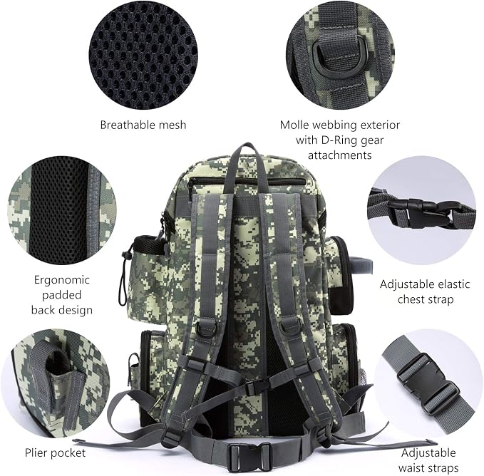 BASSDASH Fishing Tackle Backpack Water Resistant Tactical Bag Soft Tackle Box with Rod Holder and Protective Rain Cover