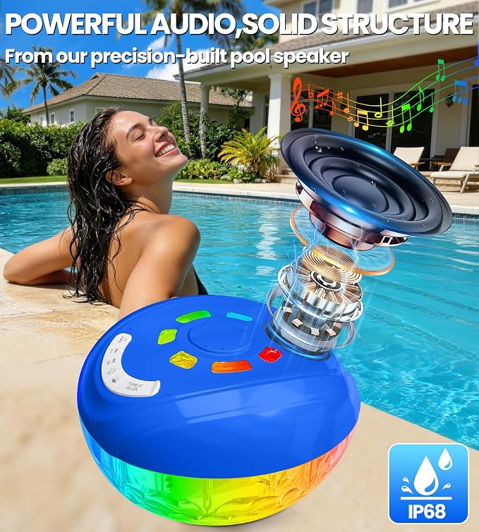 Luxfero 3 in 1 Floating Pool Fountain with Lights&Speaker, Pool Fountains for Inground Pools, Floating Bluetooth Speaker, Pool Speakers Bluetooth Waterproof IP68,Above Ground Pool Water Fountain-Blue