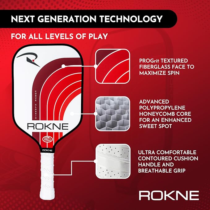 ROKNE Curve Classic Pickleball Paddle | USAPA Approved Fiberglass Pickleball Paddles | Precision Engineering & Comfort | ProGrit Texture for Max Spin & Power | Paddle