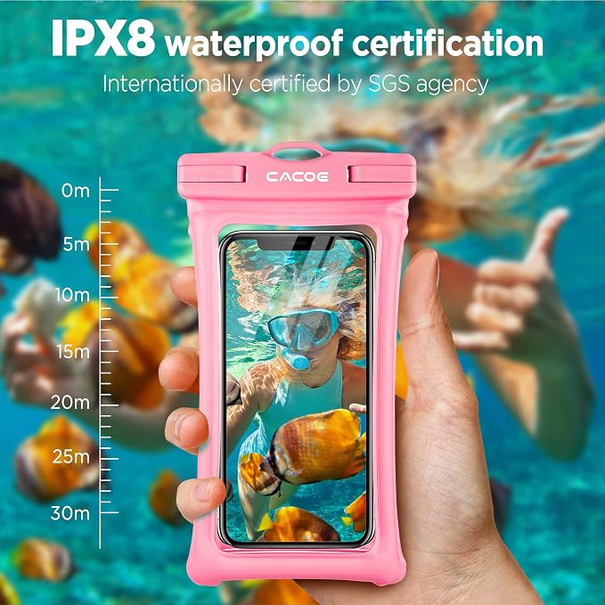CACOE [Floatable] Floating Universal Waterproof Phone Case 2 Pack-Up to 7.0",Phone Pouch with Adjustable Neck Lanyard,IPX8 Cellphone Dry Bags for Vacation Water Activities（Black+Pink）