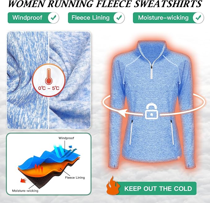 Soneven Women's Thermal Fleece Running Shirts Warm Winter Pullover Cold Weather Workout Hiking Tops with Thumb Holes Pockets