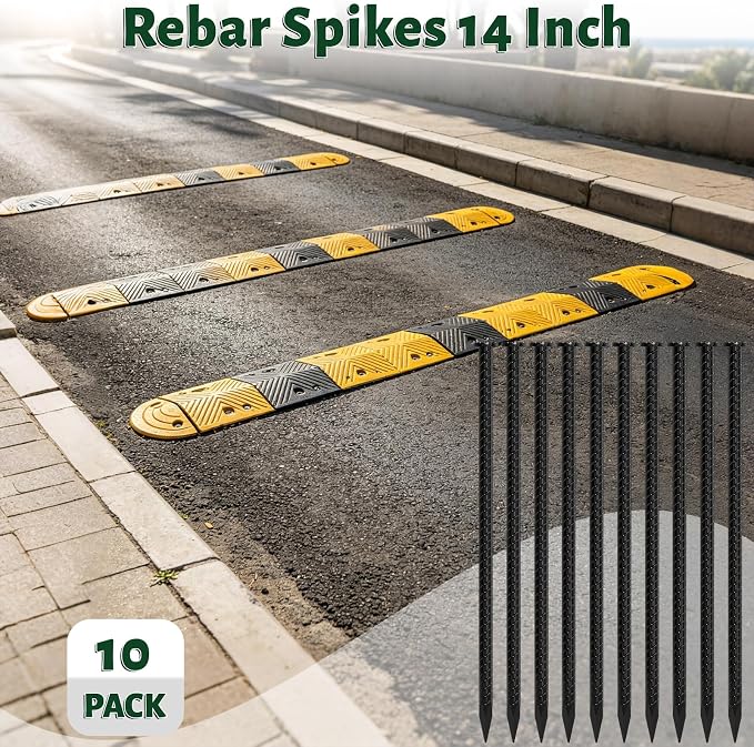 14 Inch Rebar Stakes 1/2" Heavy Duty Ground Anchors for Asphalt (10 Pack) | Metal Spikes with 45° Chisel Point & Black Powder Coating for Speed Bumps, Parking Curbs, Landscape Timbers and Camping Tent