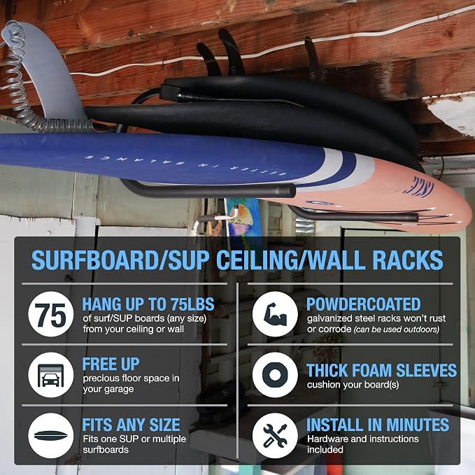 Ho Stevie! Surfboard Ceiling Racks - Free Up Your Floor Space - Hang Up To 3 Surf or SUP Boards - Won’t Rust/Corrode - Heavy Duty 75lbs Max - Easy Installation (Hardware Included)