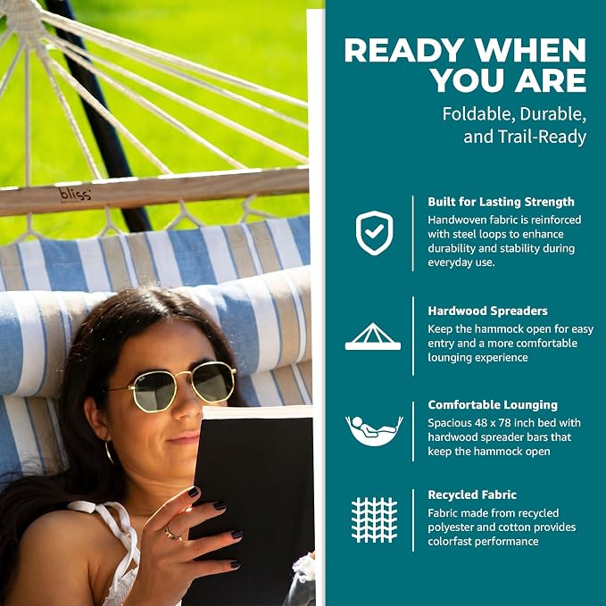 Bliss Hammocks BH-404H 48in Wide Caribbean Hammock w/Pillow, Poolside Patio Backyard Hammock, Includes Straps & Chains, Eco Friendly Polyester & Cotton Blend, 265 Pound Capacity, Nautical Stripe