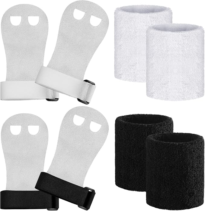 2 Gymnastics Grips Wristbands Sets for Kids Youth, Palm Protection and Wrist Support Sports Accessories for Workout Exercise (Black, White)