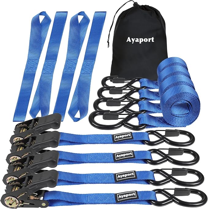 Ayaport Ratchet Straps Tie Downs, 1" x 10' Heavy Duty Ratchet Tie Down Straps, 1860lbs Break Strength, Larger Open S Hook W Safety Clip, Ratchet Strap for Motorcycle, Cargo, Truck Bed, Moving