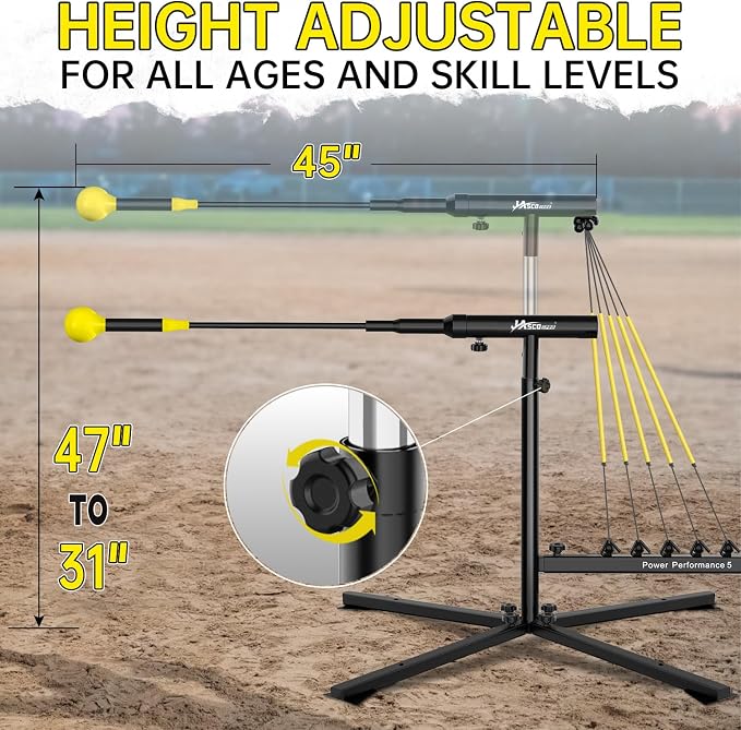 JASCOPRO Baseball Swing Trainer with 5 Power Bands,Height Adjustable 31-47 inches Baseball Hitting Trainer, Auto Reset Baseball Training Equipment Softball Swing Trainer with Metal Stakes & Carry Bag