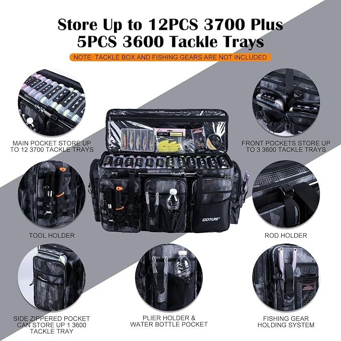 Goture Large Tackle Bag,Water Resistant Saltwater Gear Storage Big Fishing Bag with EVA Bottom,Store Up to 12PCS 3700 Plus 5PCS 3600 Tackle Trays(Not Included),Gifts for Men(26.38"x15.35"x11.42")