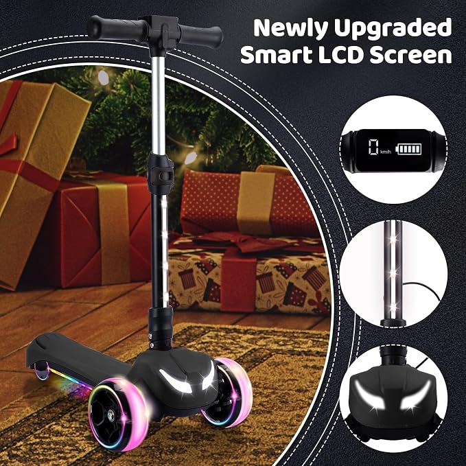 Electric Scooter for Kids w/150W Powerful Motor, Thumb Throttle, LCD Screen, Bluetooth, Light-Up Stem Deck & Wheels, 3 Adjustable Heights, 5MPH Safe Speed, 3 Wheel Electric Scooter for Kids