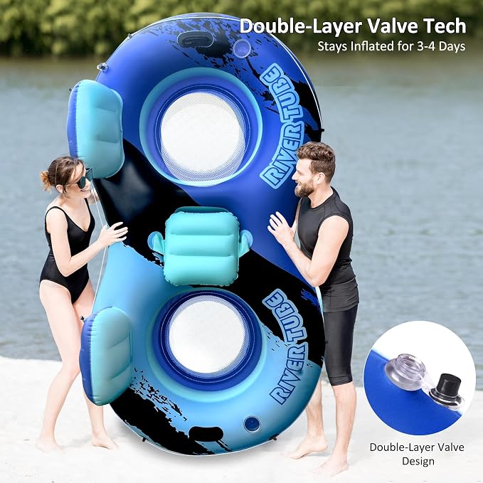 Heavy Duty 2 Person Floats for Adults, 91" X 50" Inflatable River Tube, Adult Floats for Lake, Swimming Tubes with Backrests, 2 Cup Holders, Storage Compartment