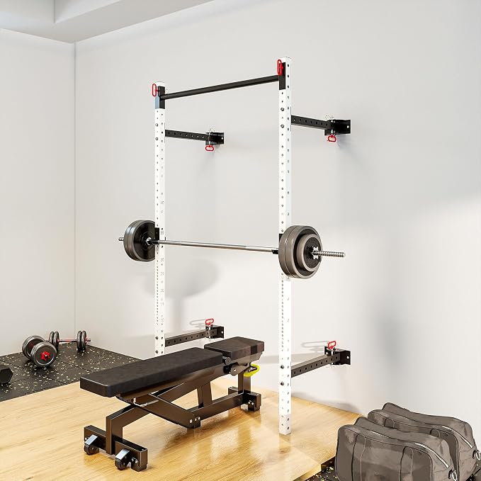 Soozier Folding Squat Rack with Adjustable Pull-Up Bar, 1000 Pounds Capacity Wall Mounted Power Rack, Adjustable Steel Barbell Rack with J Hooks for Home Gym Full Body Workout