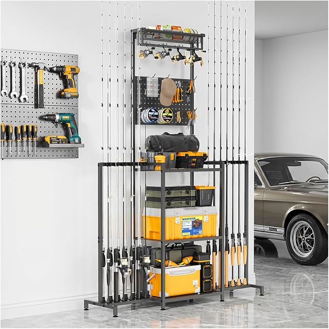 YQSLYSF Fishing Rod Holders for Garage with Pegboard & Metal Mesh Basket, Fishing Rod Storage Rack, Vertical Fishing Pole Holder for Up to 12 -24 Poles, Tackle Gear Organizer