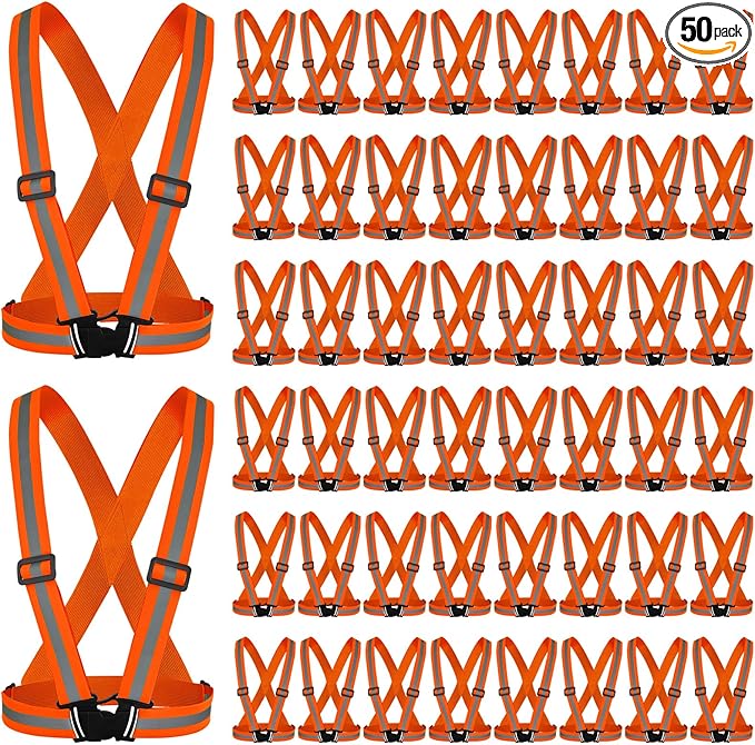 Hercicy 50 Pcs Reflective Vest High Visibility Safety Vests, Adjustable Running Gear Straps Lightweight Reflector for Construction (Orange)