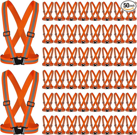 Hercicy 50 Pcs Reflective Vest High Visibility Safety Vests, Adjustable Running Gear Straps Lightweight Reflector for Construction (Orange)