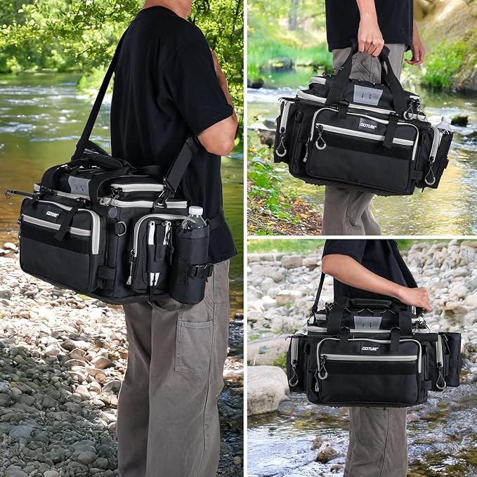 Goture Fishing Tackle Bag with 4PCS 3600 Tackle Boxes | 600D Water-Resistant, Rod Straps, Detachable Bottle Pouch,Waterproof Bottom, Freshwater & Saltwater Gear Storage Fishing Bag