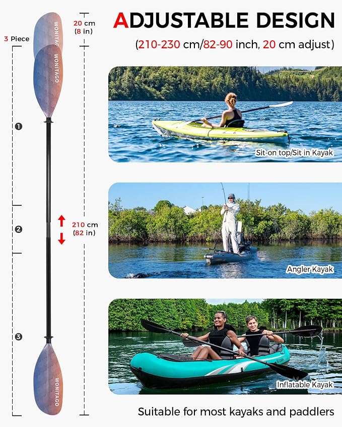 Kayak Paddle with Fiberglass Shaft and Reinforced Nylon Blade, Adjustable Kayaking Oars, 3 Piece, 230-250 cm/90-98 inches, 210-230 cm/82-90 inches