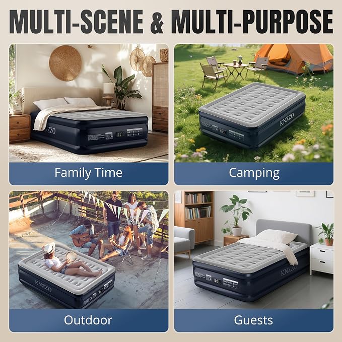 KNZZO Full Air Mattress with Built-in Pump, 18" Top Inflatable Mattress with Waterproof Flocking Fabric, Three-Minute Quick-Inflatable Bed. Portable Blow Up Mattress for Home, Outdoor and Guests