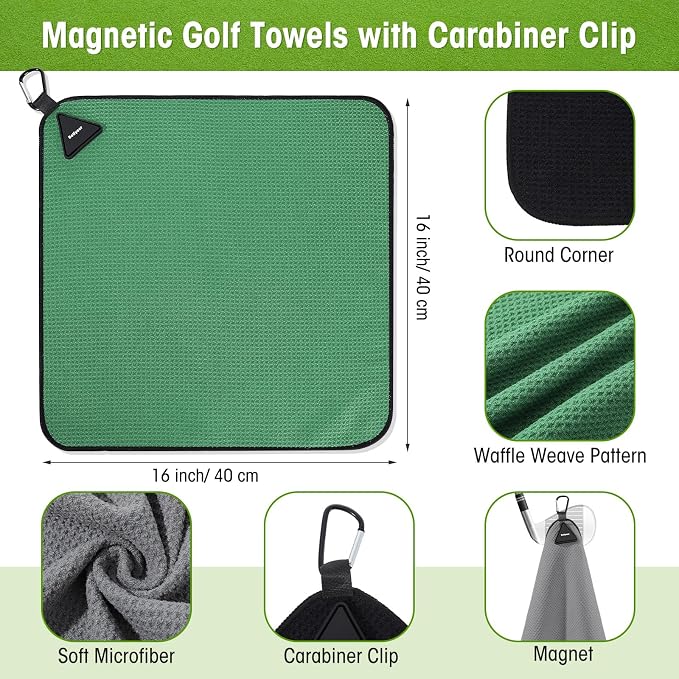 Batiyeer Magnetic Golf Towel Bulk 16" x 16" Microfiber Fabric Towels with Clip Waffle Absorbent Strength Magnet Golf Accessories Ball Cleaner for Carts Men
